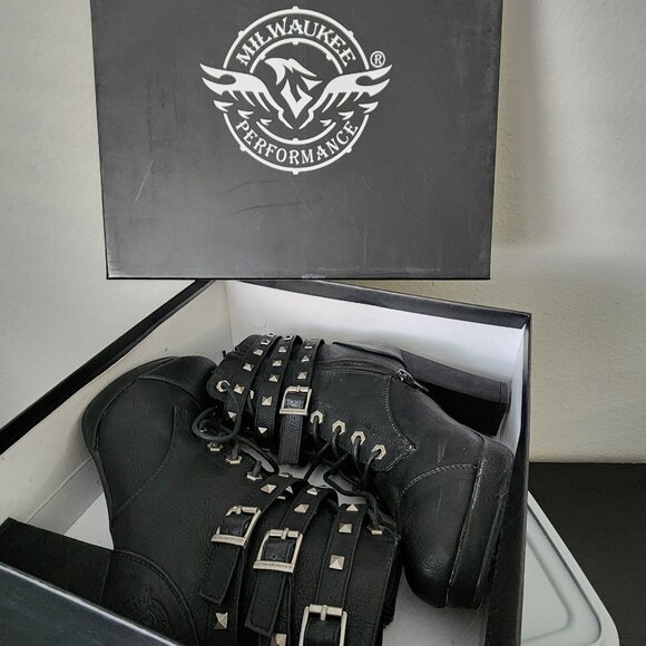 Milwaukee Leather Women's Black Lace-Up Boots with Triple Strap Studded, Size 8 - Picture 2 of 6